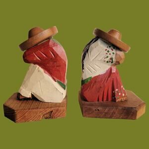 Vintage 1950s Carved Wooden Mexican Tourist Art Man and Woman  Stash Holders